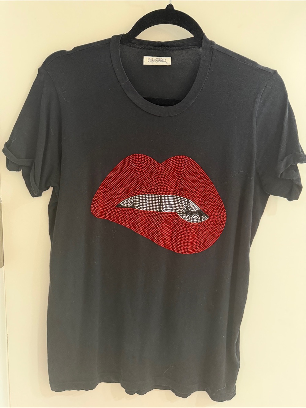 Lauren Moshi Black Short Sleeve Tee with Red Lip Rhinestone Graphic